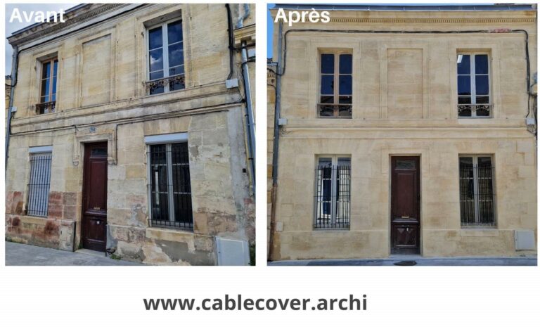 Façade en pierre Avant, après avec Cable cover