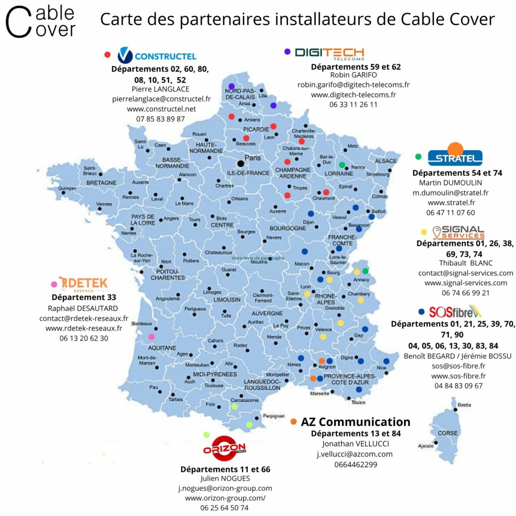 Carte de France des partenaires installateurs de Cable Cover